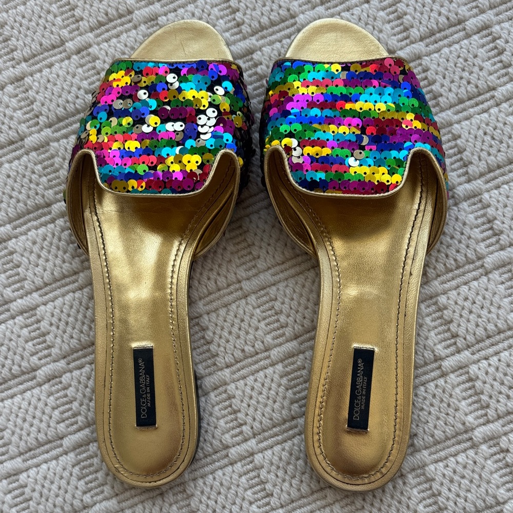 Dolce & Gabbana Gold Slip-On Mules with Multicolor Sequin